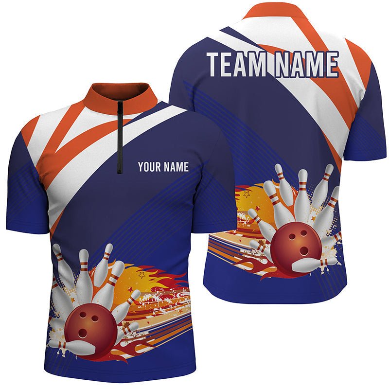 Blau und orange Herren Bowling Shirt mit Viertelreißverschluss, individueller Name, Herren Bowlers Jersey, Team Bowling Geschenke Q5830 - Climcat