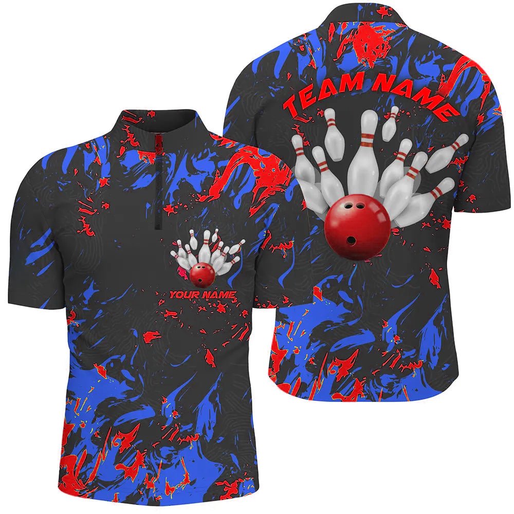 Blau und Rot Camo Bowling Team Shirts für Herren | Personalisierbare Viertel-Zip-Shirts für Bowling Liga | P5363 - Climcat