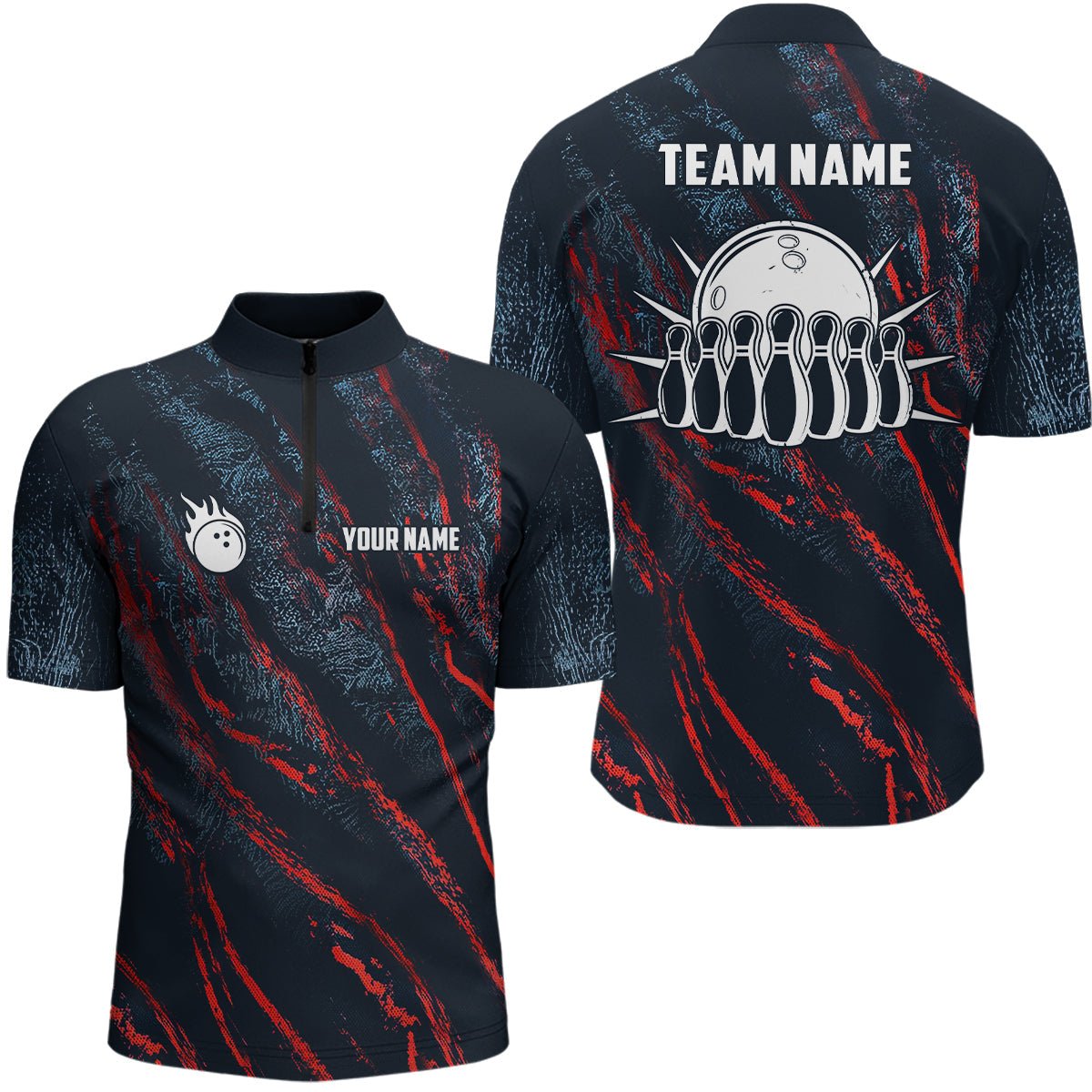 Blau und rot Camouflage Bowlingkugel und Pins Trikots Individuelle Team Liga Bowling Viertel Reißverschluss Shirts für Herren Q6554 - Climcat