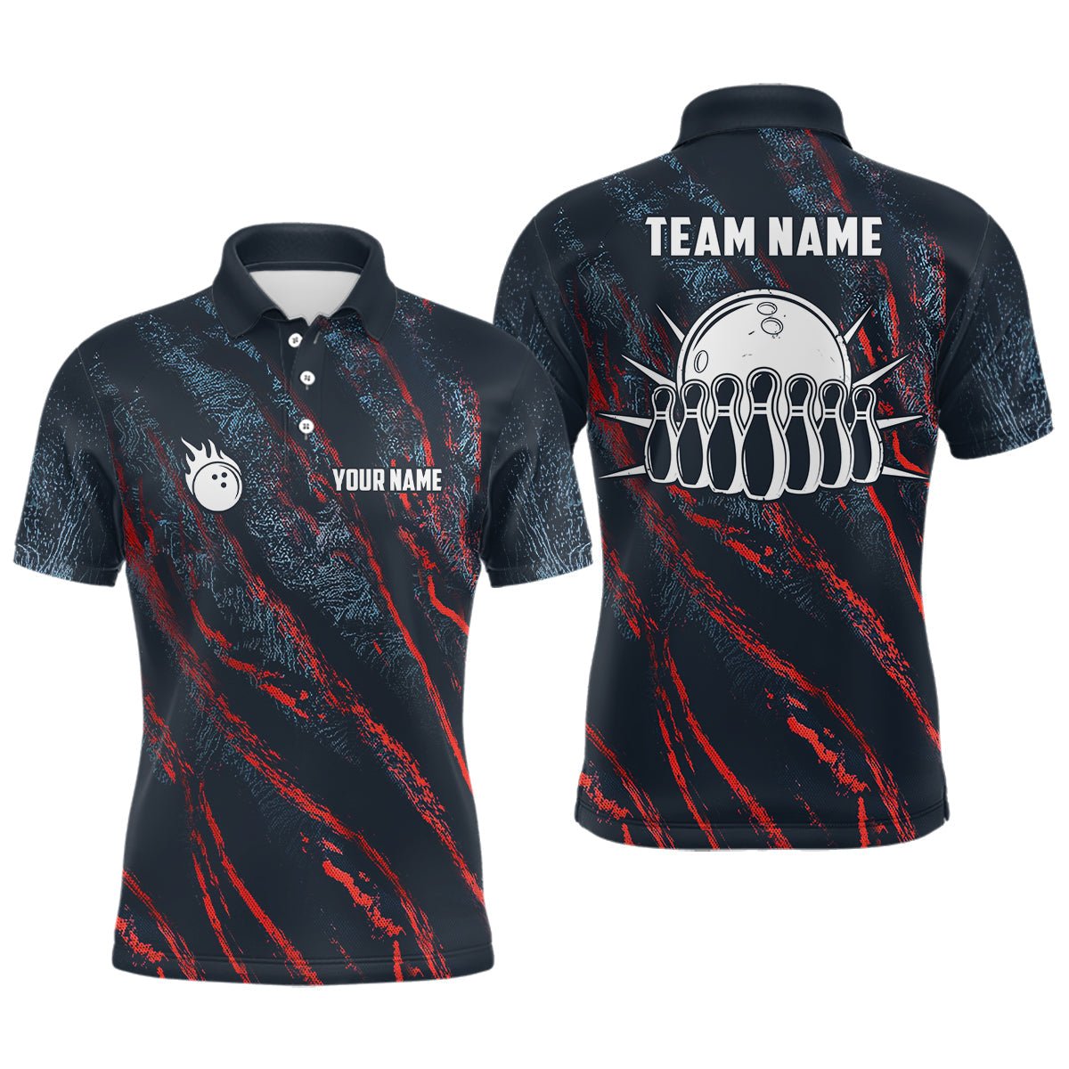 Blau und rot Camouflage Bowlingkugel und Pins Trikots - Personalisierte Team Liga Bowling Polo Shirts für Herren Q6554 - Climcat