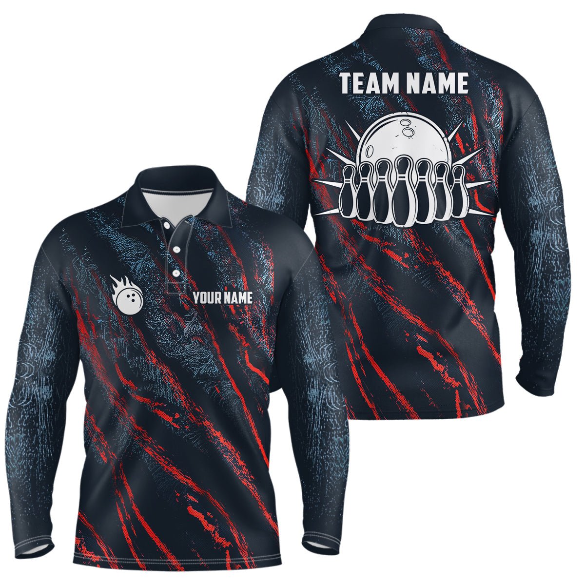 Blau und rot Camouflage Bowlingkugel und Pins Trikots - Personalisierte Team Liga Bowling Polo Shirts für Herren Q6554 - Climcat