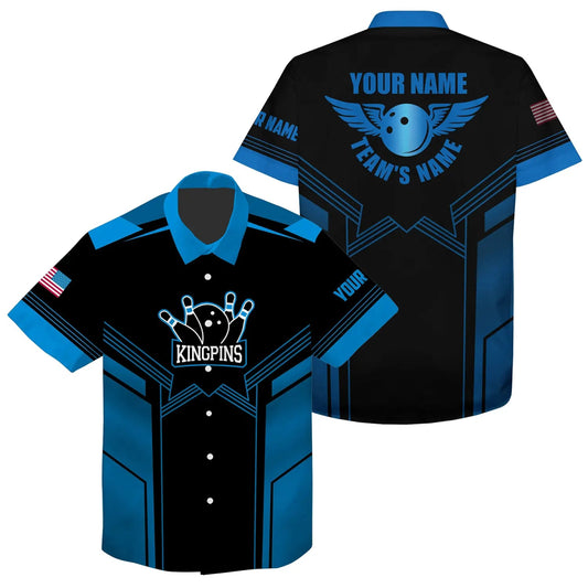 Blau und Schwarz Bowling hemd für Herren mit individuellem Namen und Teamnamen - Herren Bowling Team Shirts Q4770 - Climcat