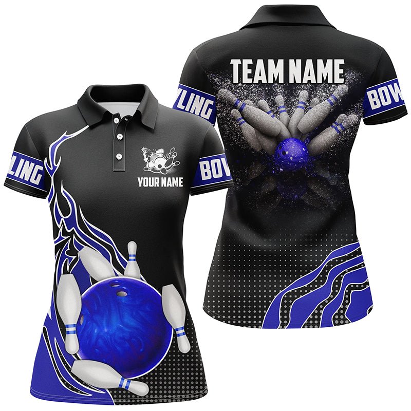 Blau und Schwarz Bowling Polo Shirts für Damen - Personalisierte Bowlingkugel Pins Team Liga Trikots - Bowl Geschenke Q6252 - Climcat