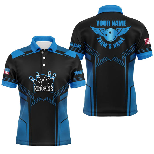 Blau und Schwarz Bowling Polo Shirts für Herren mit individuellem Namen und Teamnamen - Bowling Polo Team Shirts Q4770 - Climcat