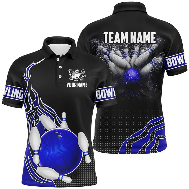 Blau und Schwarz Bowling Polo Shirts für Herren - Personalisierte Bowlingkugel Pins Team Liga Trikots - Bowl Geschenke Q6252 - Climcat