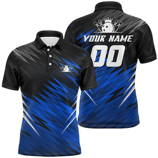 Blau und schwarz Herren Kurzarm Polo Shirts - Personalisierte Bowling Shirts für Männer, Team Bowling Trikots Bowler Q6475 - Climcat