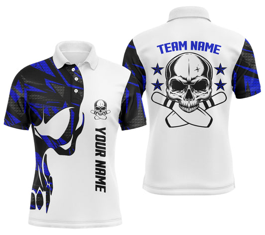 Blau-weiße Bowling-Poloshirts für Herren mit individuellem Namen und Teamnamen Skull Bowling, Team-Bowling-Shirt Q4699 - Climcat