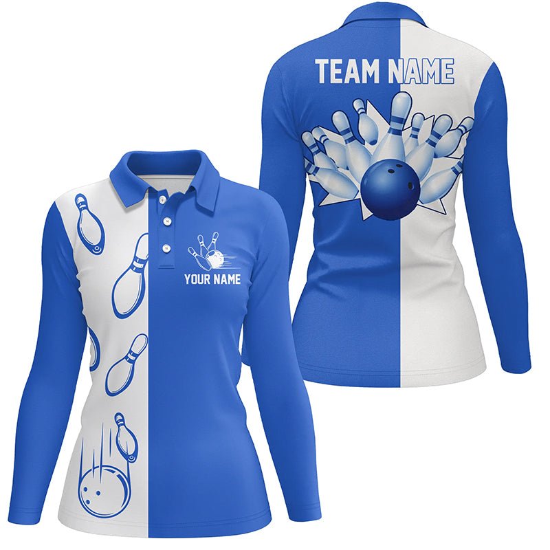 Blau-weiße Retro-Vintage-Bowling-Polo-Shirts für Damen - Personalisierte Bowling-Teamtrikots Q6481 - Climcat