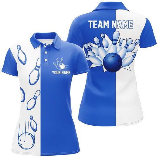 Blau-weiße Retro-Vintage-Bowling-Polo-Shirts für Damen - Personalisierte Bowling-Teamtrikots Q6481 - Climcat