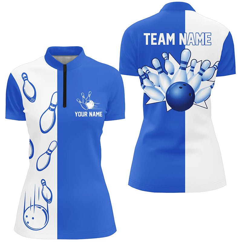 Blau-weiße Retro-Vintage-Bowling-Quarter-Zip-Shirts für Damen - Personalisierte Bowling-Teamtrikots Q6481 - Climcat