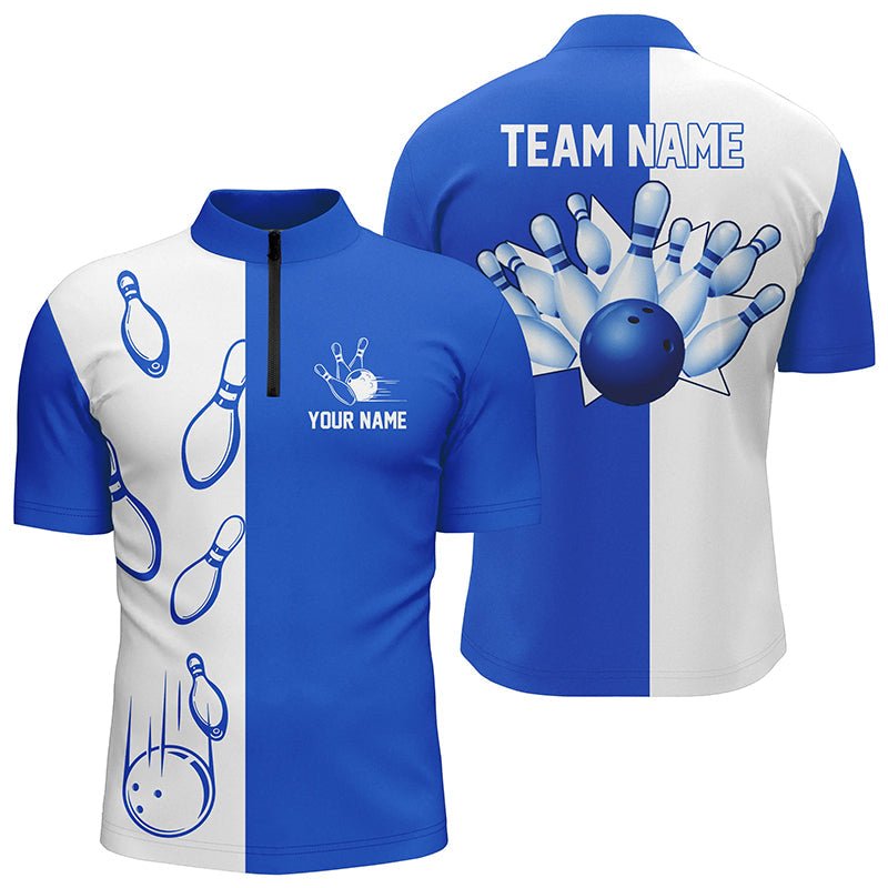 Blau-weiße Retro-Vintage-Bowling-Quarter-Zip-Shirts für Herren - Individuelle Bowling-Teamtrikots Q6481 - Climcat