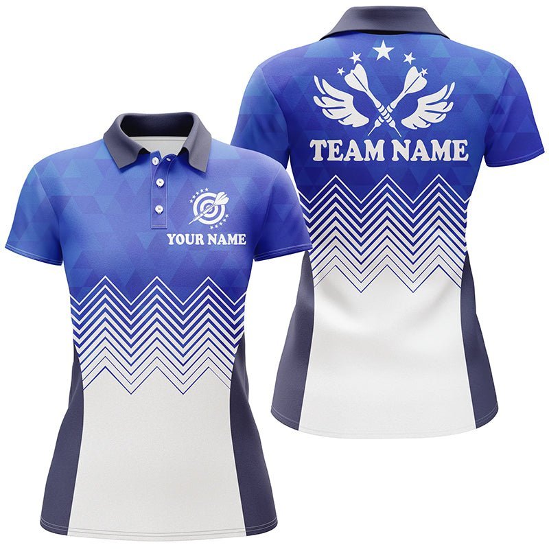 Blau-weißes Polo-Shirt mit abstraktem Flügelmuster für Dartspielerinnen, individuell anpassbares Dart-Trikot B410 - Climcat