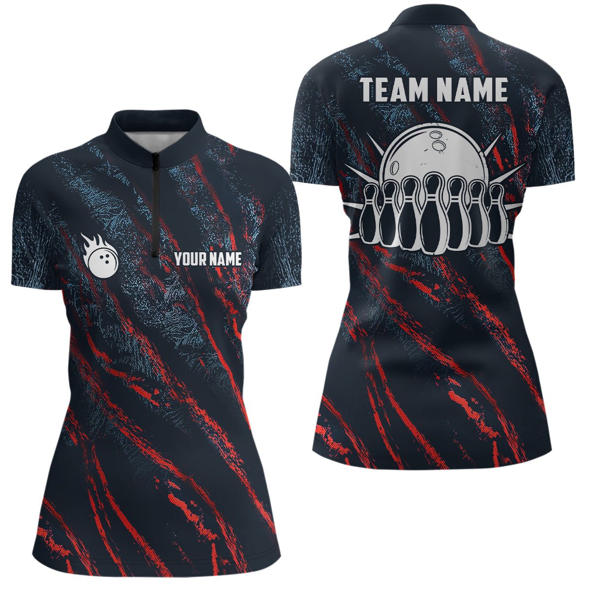 Blaue rote Tarnung Bowlingkugel und Pins Trikots Individuelle Team Liga Bowling Viertel Reißverschluss Shirts für Frauen Q6554 - Climcat