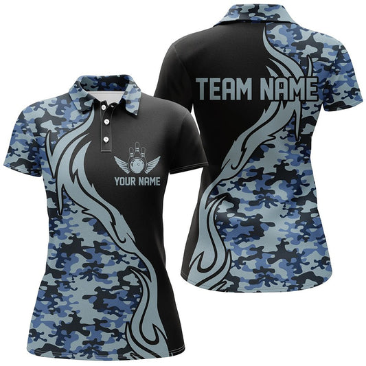 Blaue Tarnmuster Personalisierte Bowling-Teamshirts für die Armee - Maßgeschneiderte Bowling-Ligashirts für Frauen P5518 - Climcat