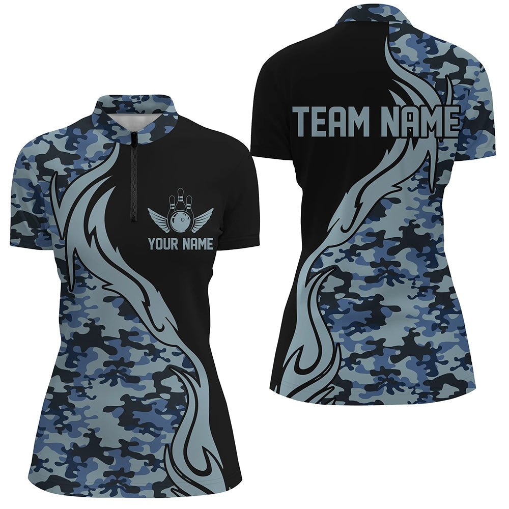 Blaue Tarnmuster Personalisierte Bowling-Teamshirts für die Armee - Maßgeschneiderte Bowling-Ligashirts für Frauen P5518 - Climcat