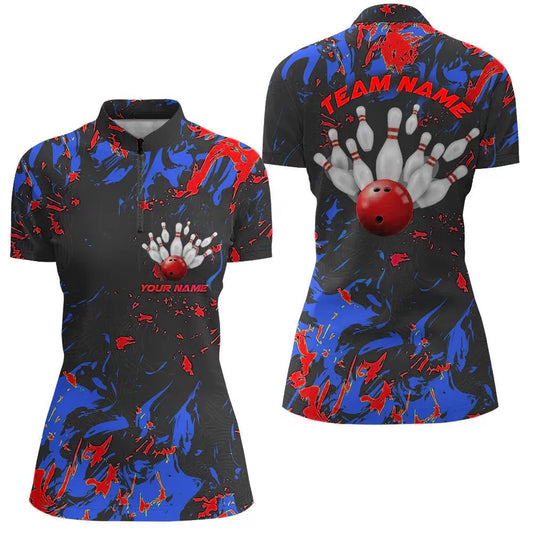 Blaue und rote Camouflage-Bowling-Teamshirts für Damen | Personalisierbare Viertelreißverschluss-Shirts für Bowling-Liga | P5363 - Climcat