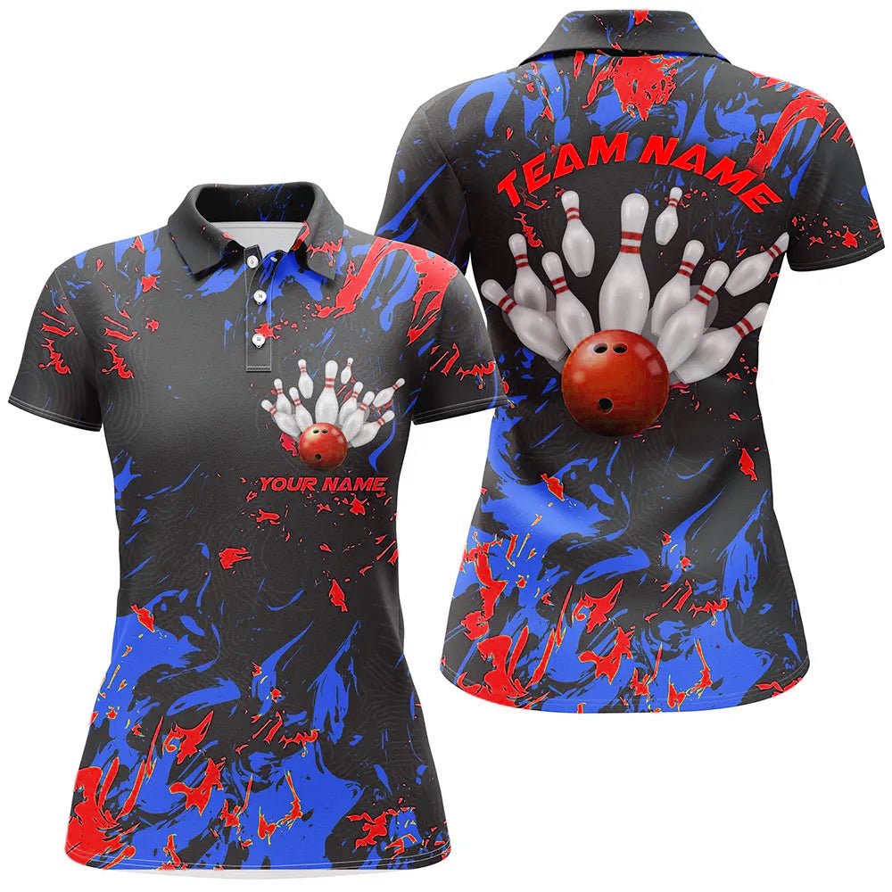 Blaue und rote Camouflage-Bowling-Teamshirts - Individuelle Damen-Poloshirts für Bowling-Ligen - P5363 - Climcat