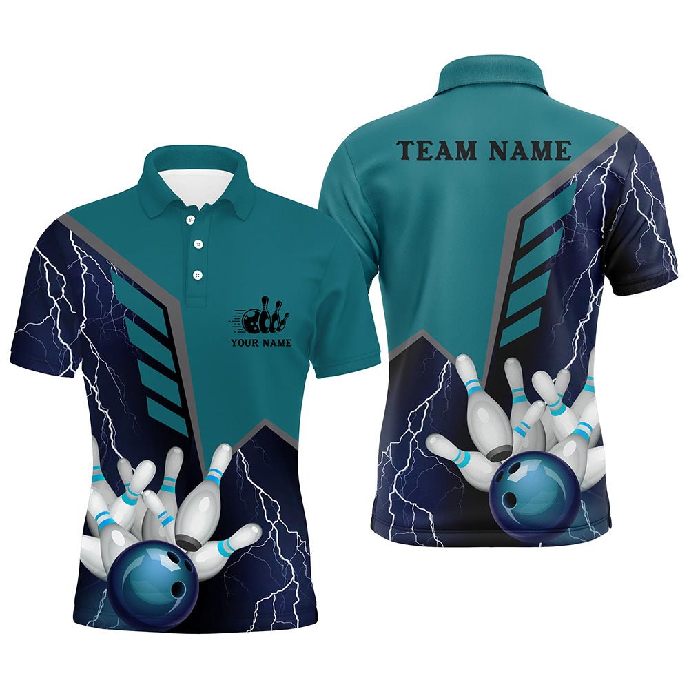 Blauer Blitz Herren Bowling Polo Shirt mit individuellem Namen, Herren Bowlers Trikot, Team Bowling Geschenke Q5868 - Climcat