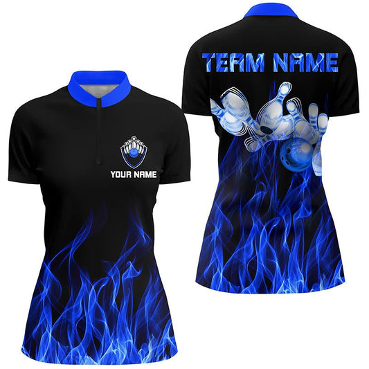 Blauer Flammen Bowling Quarter-Zip Shirt für Damen - Schwarze Bowling Trikots - Personalisierte Bowling Team Shirts Q5488 - Climcat