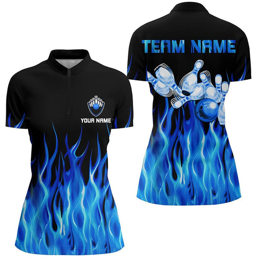 Blauer Flammen Bowling Quarter-Zip Shirt für Damen - Schwarze Bowling Trikots - Personalisierte Bowling Team Shirts Q6982 - Climcat