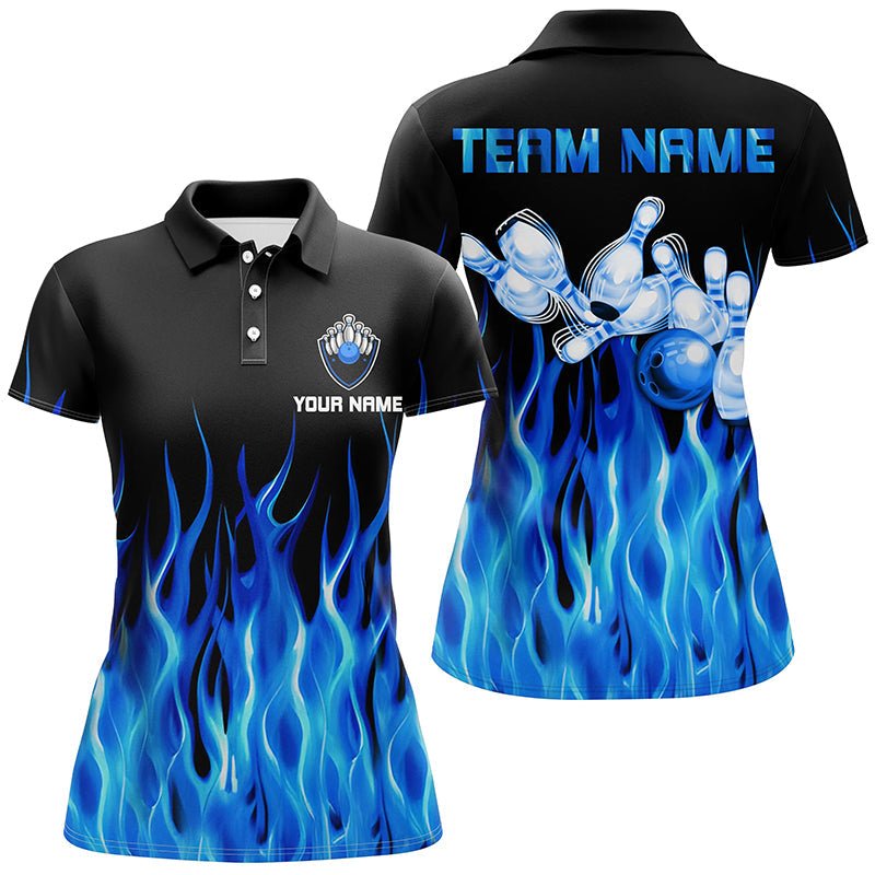 Blauer Flammen Damen Bowling Polo Shirt schwarz - Personalisierte Bowling Team Shirts Q6982 - Climcat