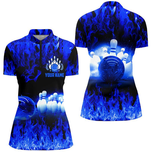 Blauer Flammen Damen Viertelreißverschluss-Shirt, Personalisiertes Bowling-Team Bowlers Trikot, Bowling-Team Uniformen Q5199 - Climcat