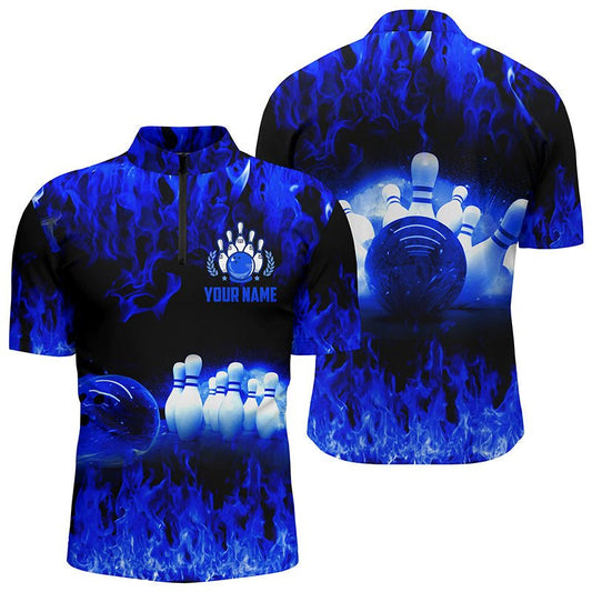 Blauer Flammen Herren Bowling Quarter Zip Shirt, Personalisierte coole Bowling Team Liga Bowling Shirts Q5199 - Climcat