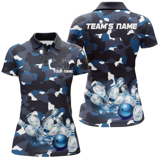 Blaues Camo Bowling Damen Polo Shirt, individuell anpassbares Team Name Kurzarm Damen Bowling Trikot - Climcat