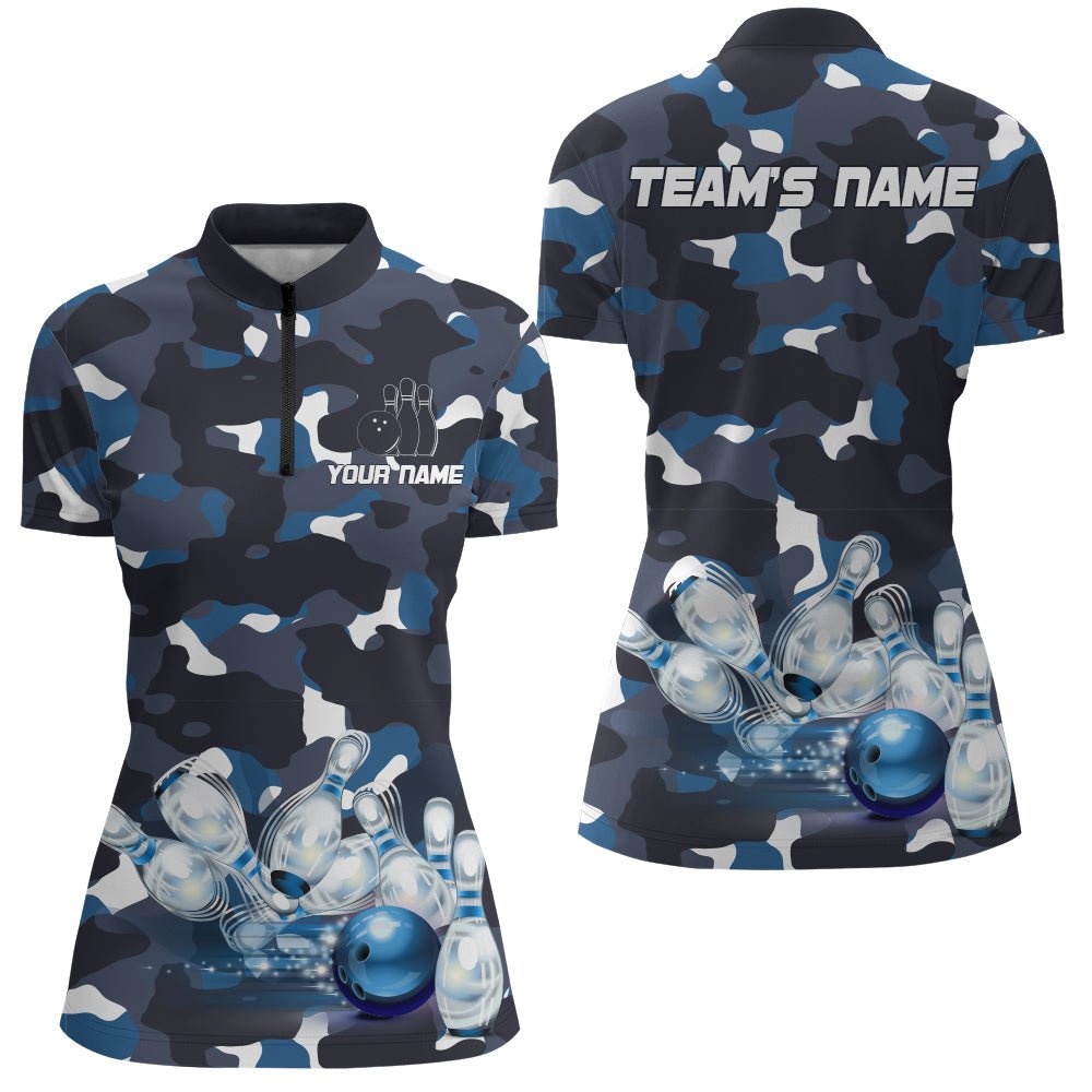 Blaues Camo Bowling Damen Quarter-Zip Shirt, individueller Teamname Kurzarm Damen Bowling Trikot N94 - Climcat