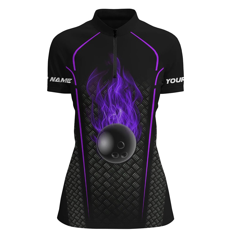 Bowling Ball Fire Black Custom Quarter Zip Bowling Jersey 3D Bowling Team Shirt für Damen | Lila Q7053 - Climcat