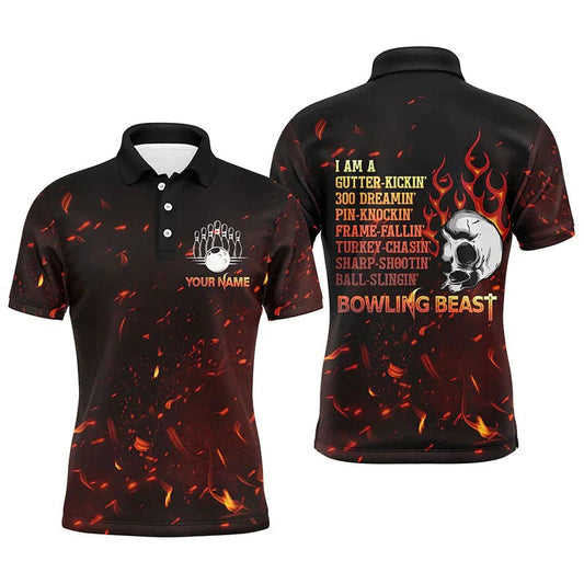 Bowling Beast Personalisiertes Herren Polo Shirt, Flammen Schädel Coole Herren Bowlers Jersey Kurzarm B54 - Climcat