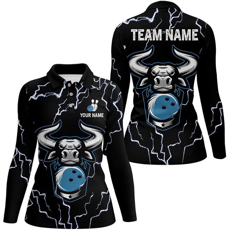 Bowling Bull Thunder Lightning Schwarzes Bowling-Polo-Shirt für Damen - Personalisiertes Bowling-Team-Liga-Trikot Q6498 - Climcat