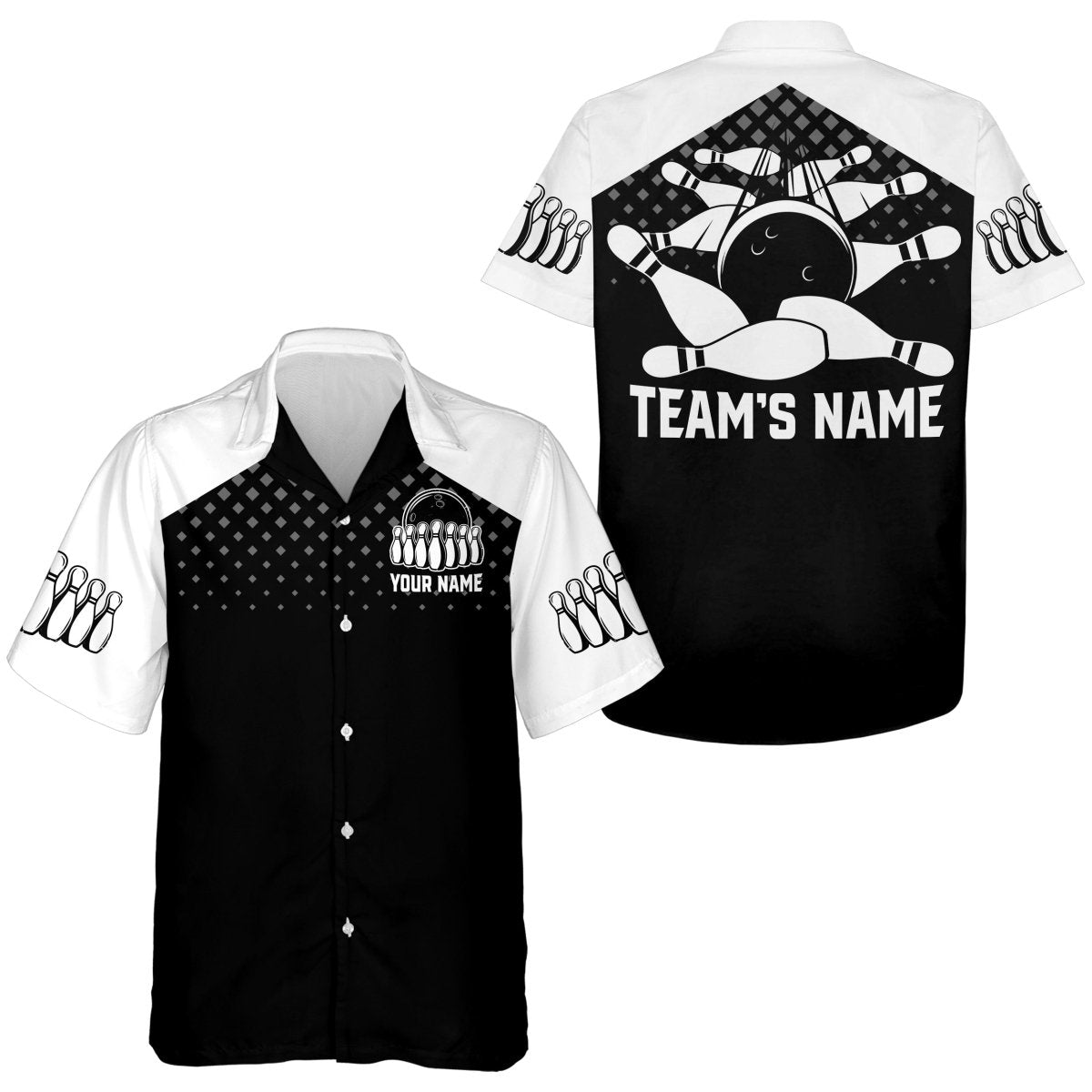 Bowling-Hemd für Herren und Damen | Personalisiertes Bowling-Trikot | Schwarz-Weißes Bowling-Shirt für Teams | D48 - Climcat