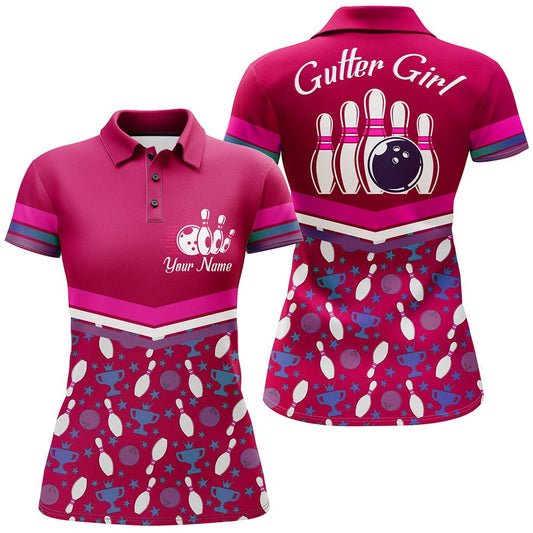 Bowling Polo Shirt für Damen, Gutter Girl Pink Personalisiertes Bowlers Jersey Kurzarm B138 - Climcat