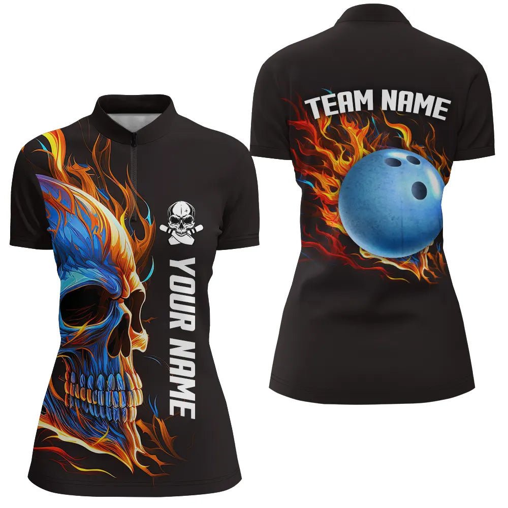 Bowling Skull on Fire - Personalisierte Bowling-Quarter-Zip-Shirts für Damen - Individuelle Team Skull Bowling Trikots Q6197 - Climcat