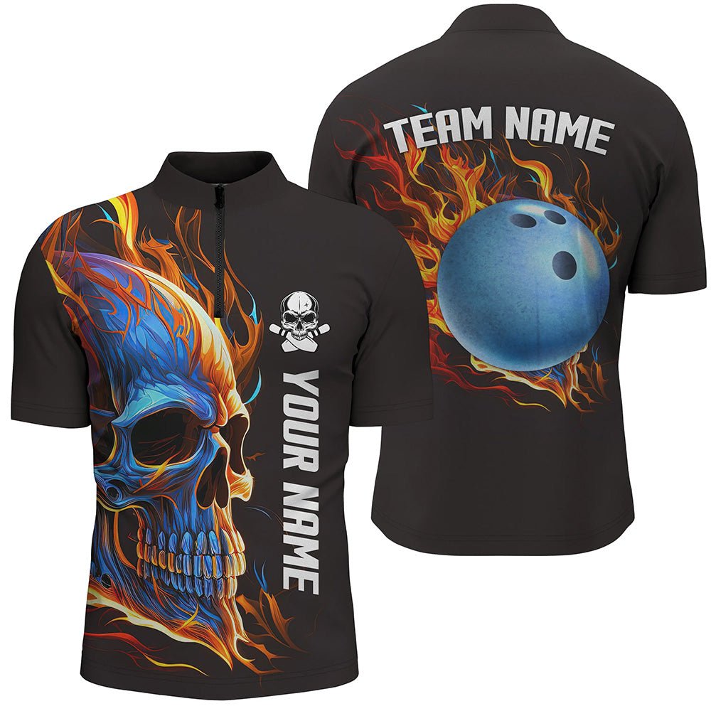 Bowling Skull on Fire - Personalisierte Bowling-Quarter-Zip-Shirts für Herren - Individuelle Team Skull Bowling Trikots Q6197 - Climcat