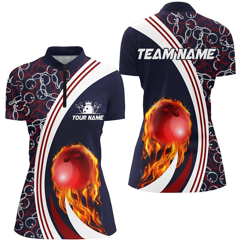 Bowling Viertelreißverschluss-Shirt für Damen | Personalisiertes Camo-Flammen-Bowlingkugel-Feuer-Team-Liga-Trikot | Navy Q6716 - Climcat