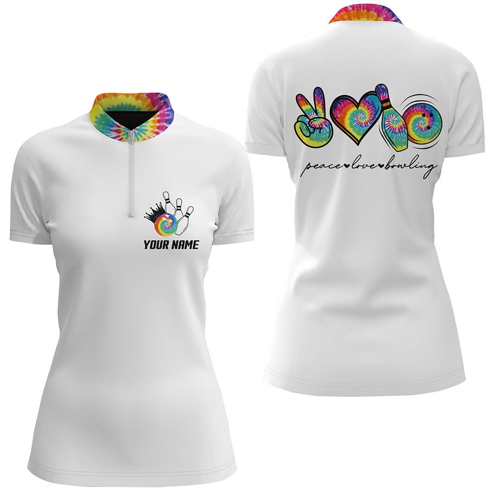 Bunte Batik Frieden Liebe Bowling individuelles Bowling-Quarter-Zip-Shirt für Frauen, Team-Bowling-Shirts Q6693 - Climcat