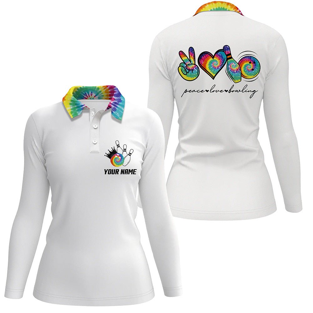 Bunte Batik Frieden Liebe Bowling individuelles weißes Bowling-Polo-Shirt für Frauen, Team-Bowling-Shirts Q6693 - Climcat