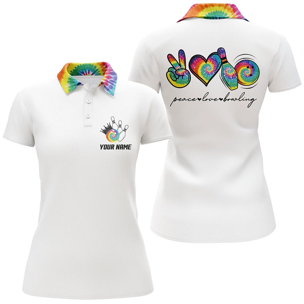 Bunte Batik Frieden Liebe Bowling individuelles weißes Bowling-Polo-Shirt für Frauen, Team-Bowling-Shirts Q6693 - Climcat