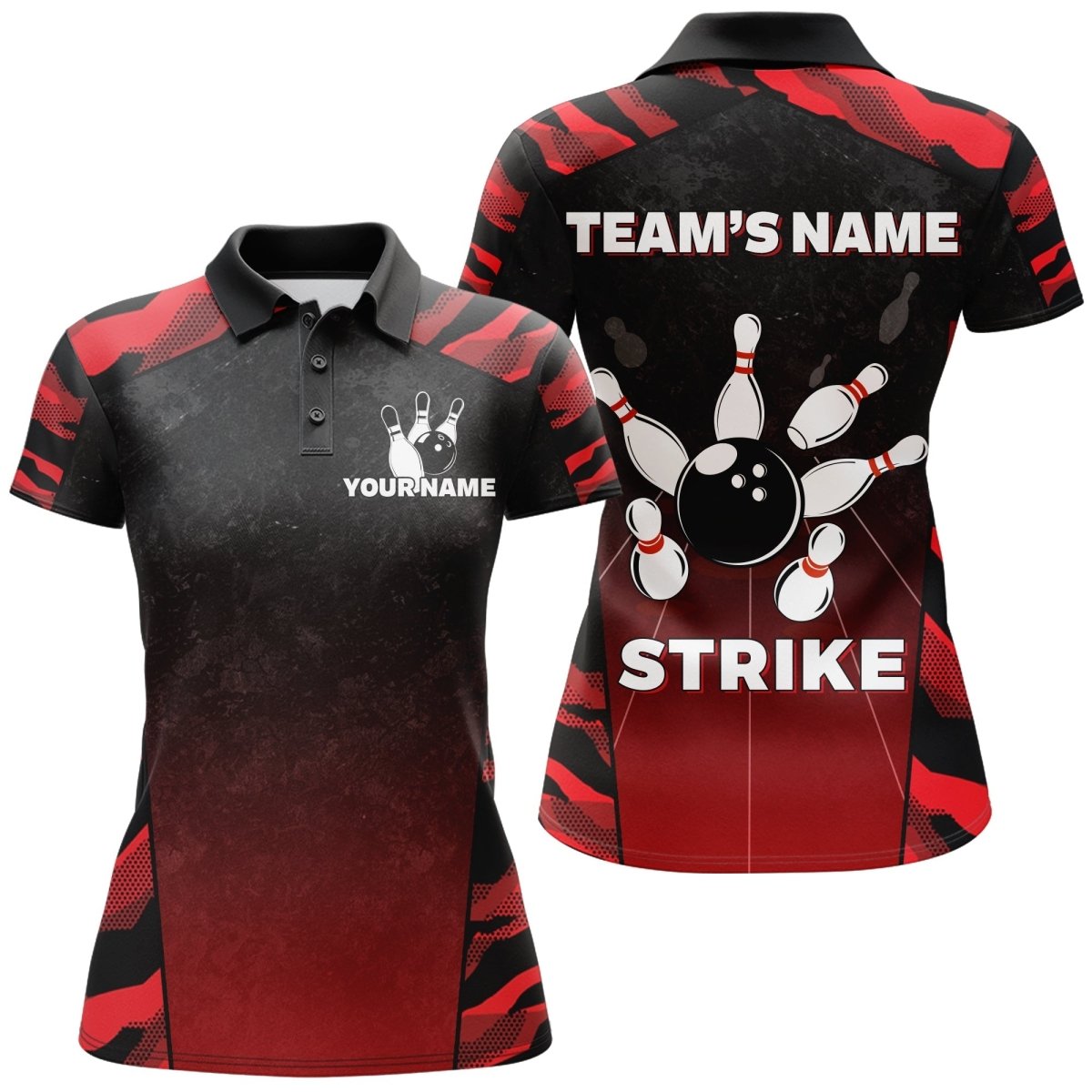 Camo Bowling Polo Shirt für Damen mit individuellem Namen und Teamnamen - Strike Bowling Kurzarmtrikot D06 - Climcat