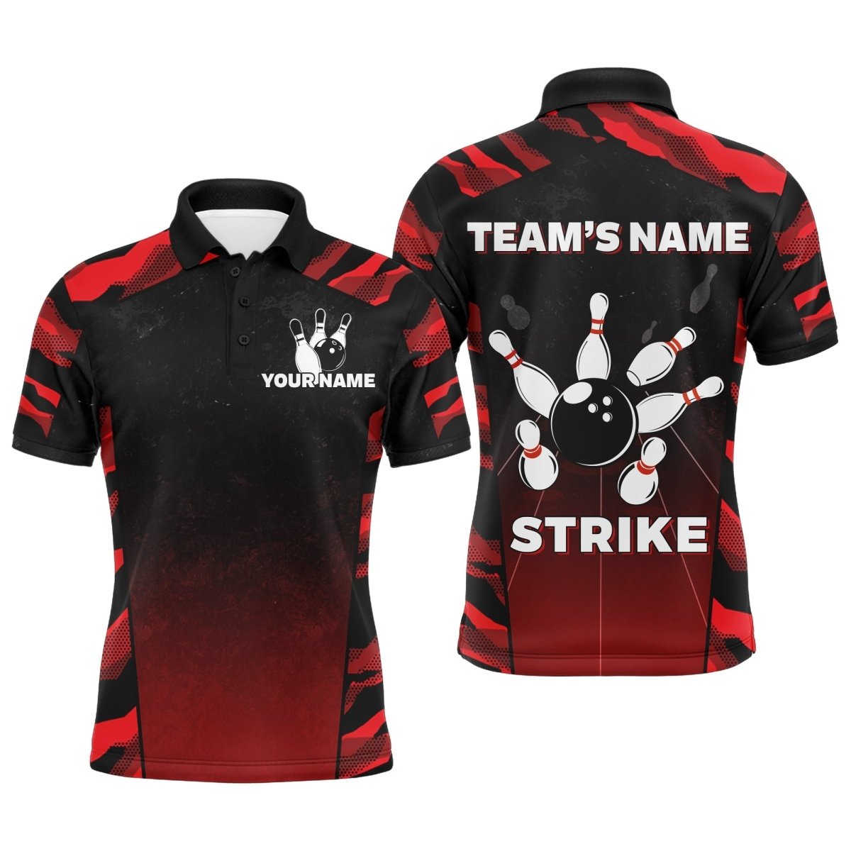 Camo Bowling Polo Shirt für Herren mit individuellem Namen und Teamnamen - Strike Bowling Kurzarmtrikots D05 - Climcat