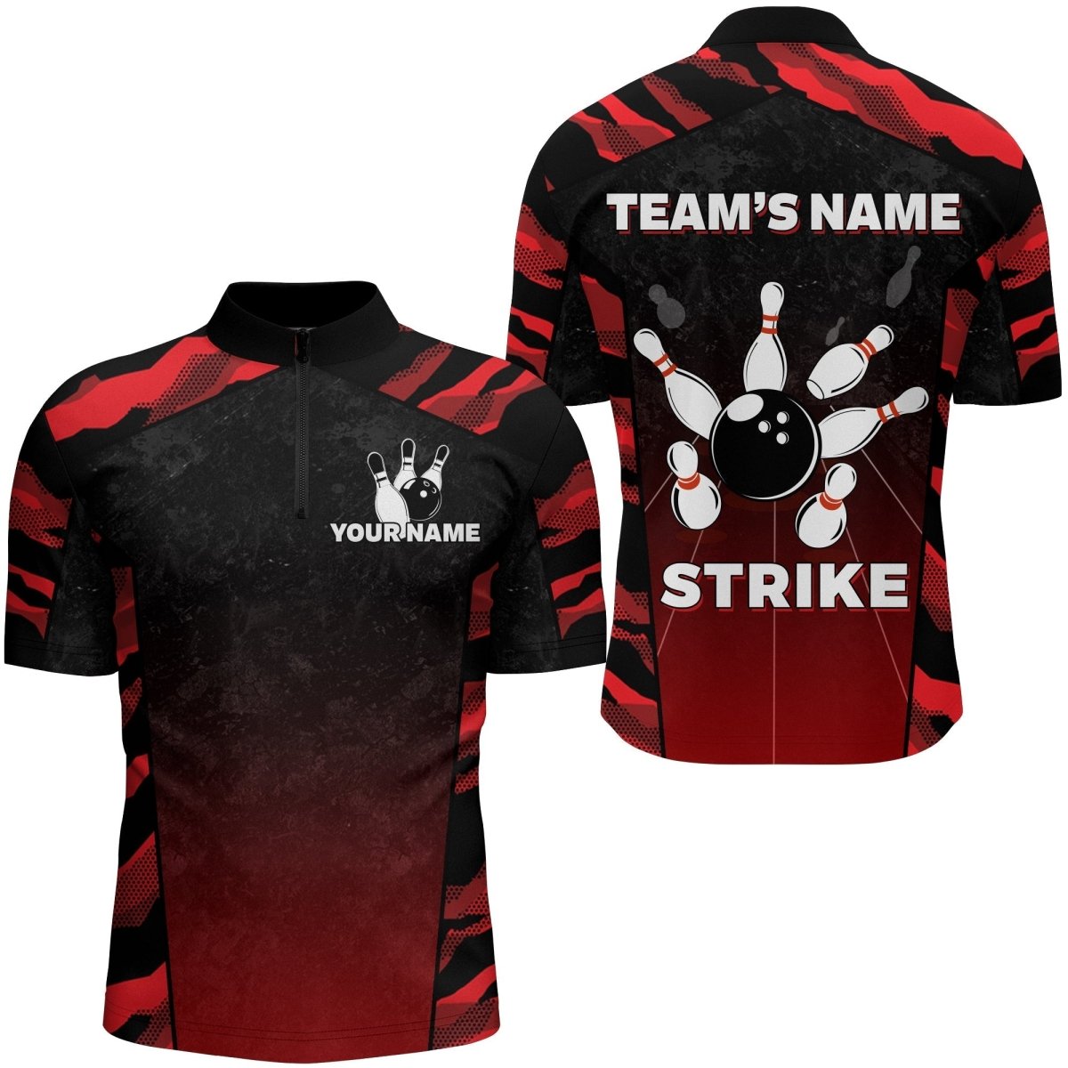 Camo Bowling Viertelreißverschluss-Shirt für Herren mit individuellem Namen und Teamnamen - Bowling Trikot Strike Bowling Shirt D54 - Climcat