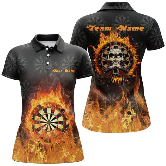 Coole Damen Dart Polo Shirts mit Feuerflammen und Totenkopf-Motiv, individuell anpassbares Dart-Shirt für Frauen, stylische Dart Trikots R262 - Climcat