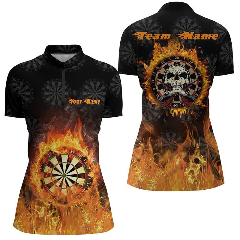 Coole Damen Dart-Quarter-Zip-Shirt mit Feuerflammen-Schädel, individuell anpassbares Dart-Shirt O93 - Climcat