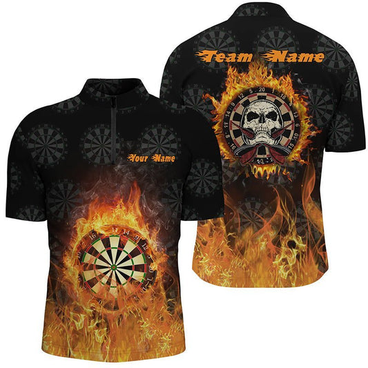 Coole Herren Dart-Trikot mit individuell anpassbarem Totenkopf-Flammenmotiv, 1/4 Zip Dartshirt mit gruseligem Design R650 - Climcat