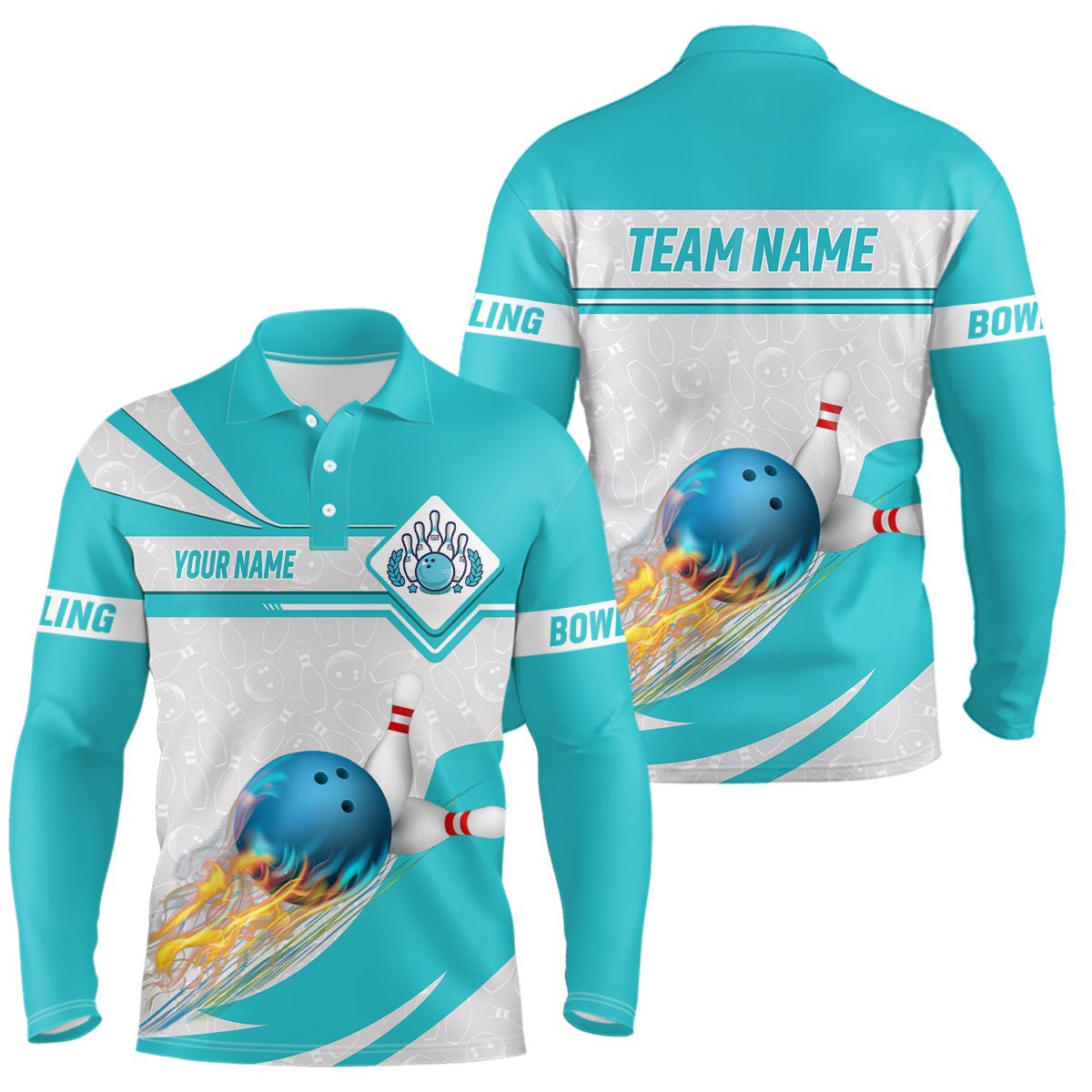 Cyan blaue Bowling-Polo-Shirts für Herren - Individuell gestaltbare Camo-Flammen-Bowlingkugel-Stifte - Team-Liga-Trikots Q6733 - Climcat