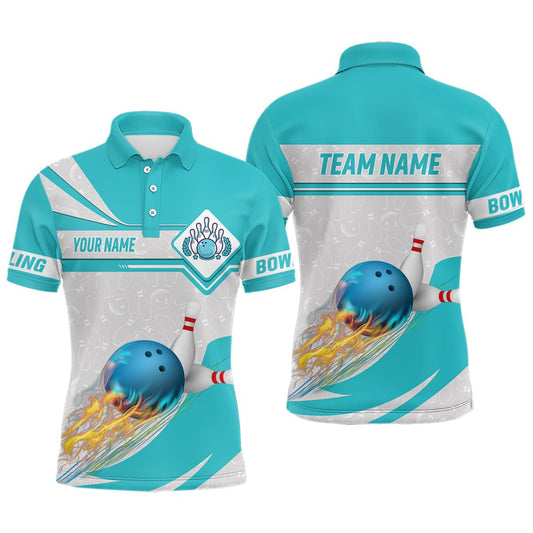 Cyan blaue Bowling-Polo-Shirts für Herren - Individuell gestaltbare Camo-Flammen-Bowlingkugel-Stifte - Team-Liga-Trikots Q6733 - Climcat