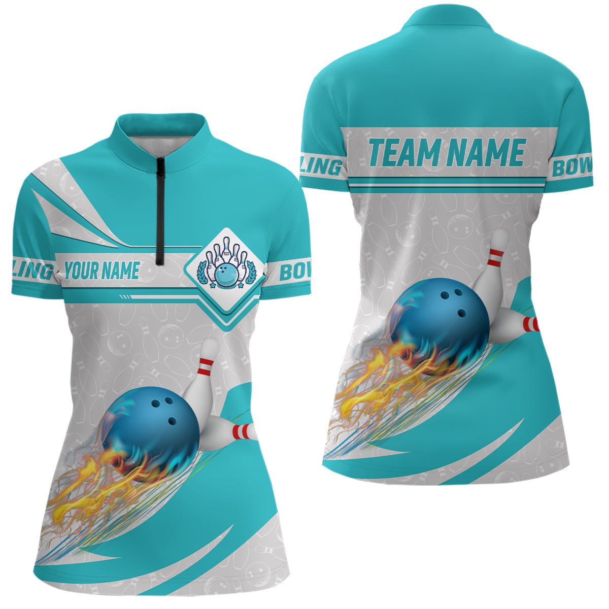 Cyan blaues Bowling-Quarter-Zip-Shirt für Damen | Personalisiertes Camo-Flammen-Bowlingkugel-Pins-Team-Liga-Trikot Q6733 - Climcat