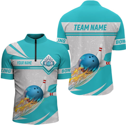 Cyan blaues Bowling-Quarter-Zip-Shirt für Herren - Individuell gestaltbar mit Camo-Flammen-Bowlingkugeln - Team-Liga-Trikots Q6733 - Climcat